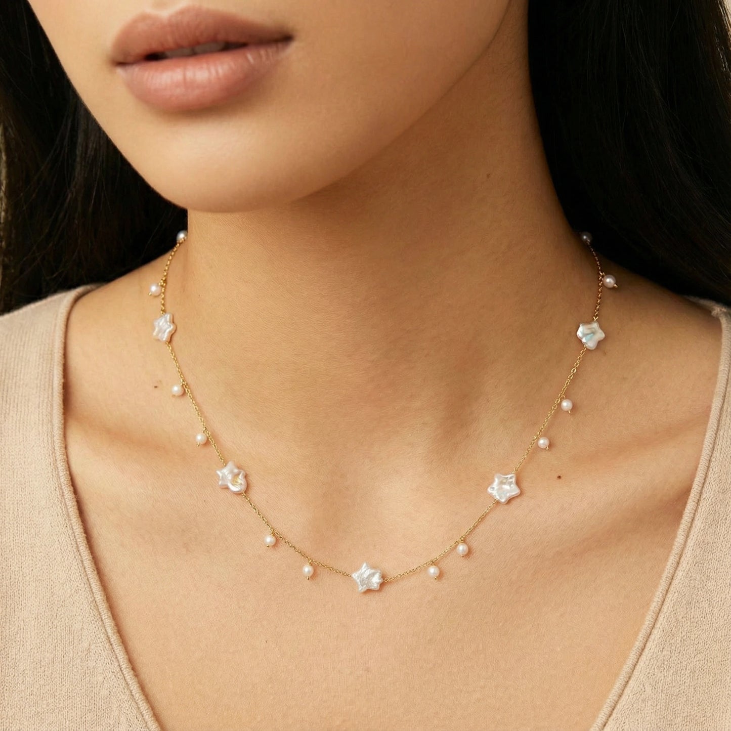 Celestial Pearl Stars Necklace by Mindful Elegance