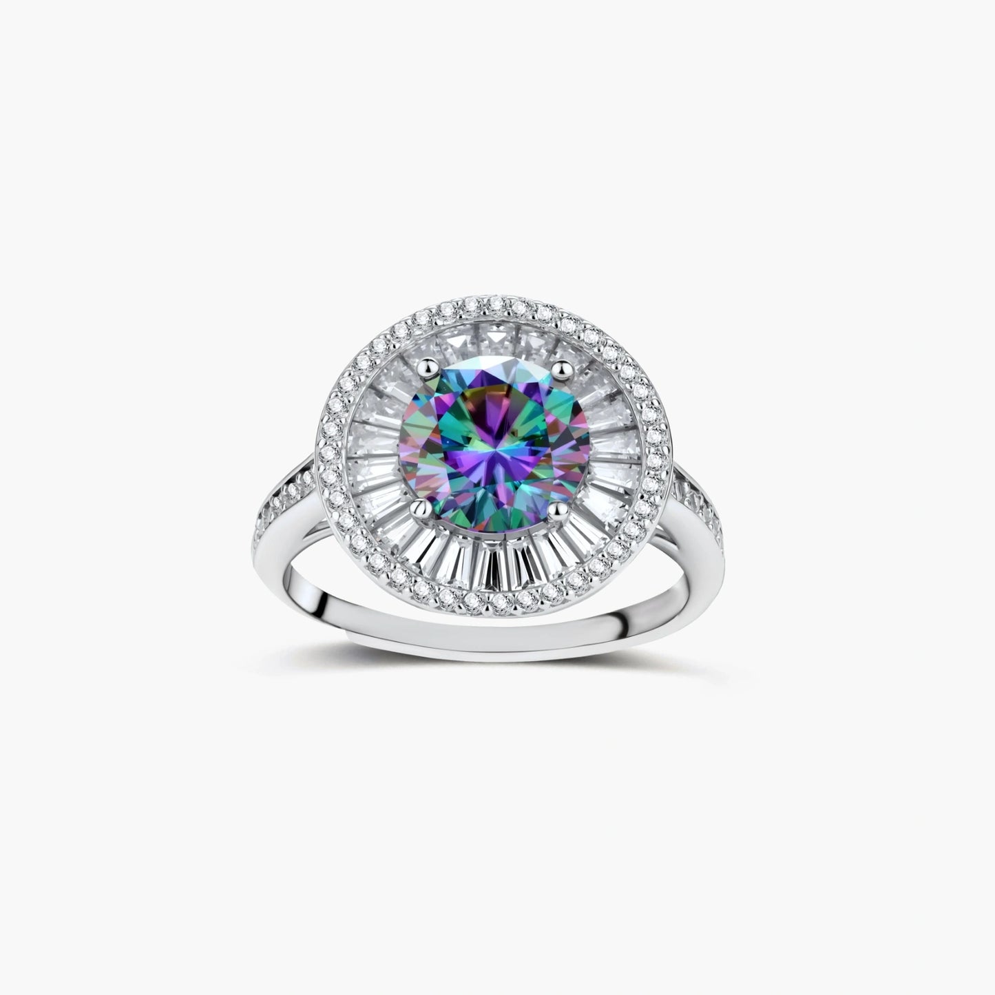 Close-up of sterling silver halo ring with round rainbow moissanite center stone surrounded by baguette-cut stones