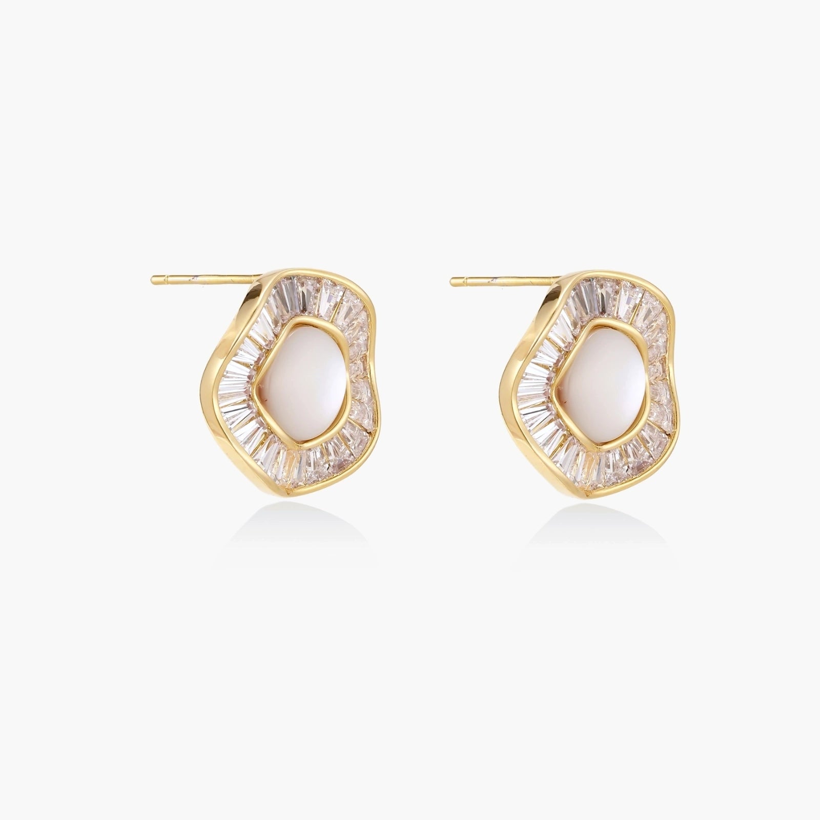 Gold-plated stud earrings with central freshwater pearl surrounded by radiating baguette crystals in sunburst design