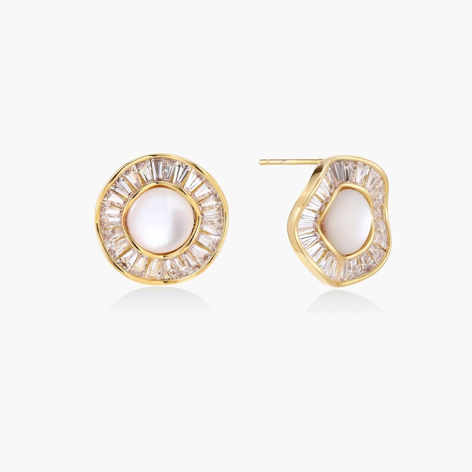 Gold-plated stud earrings with central freshwater pearl surrounded by radiating baguette crystals in sunburst design