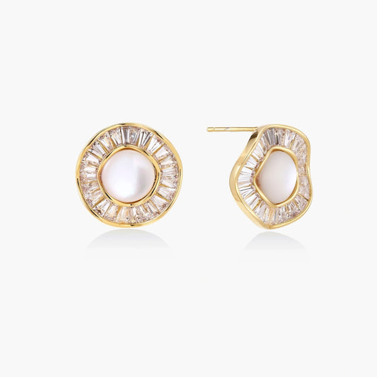 Gold-plated stud earrings with central freshwater pearl surrounded by radiating baguette crystals in sunburst design