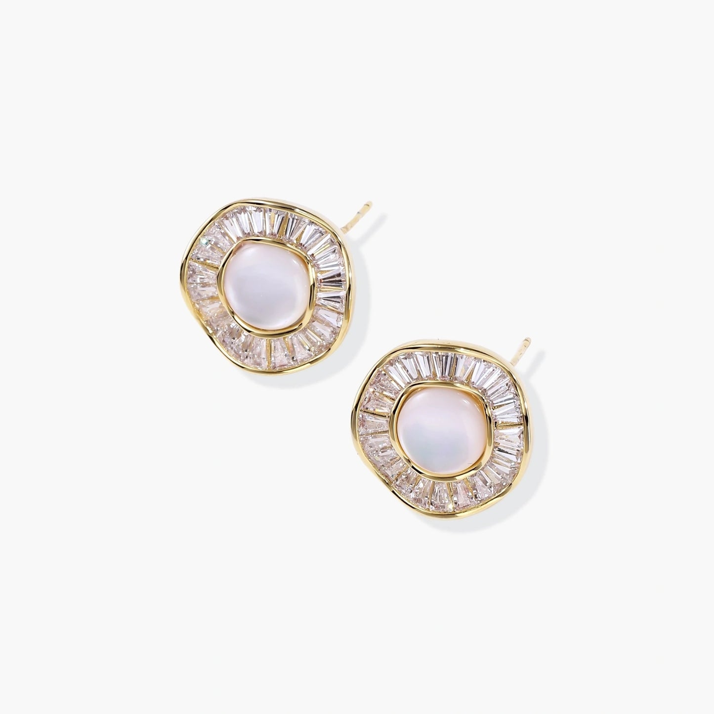 Gold-plated stud earrings with central freshwater pearl surrounded by radiating baguette crystals in sunburst design